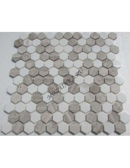 Hexagon White Grey каменная мозаика "Философия Мозаики"