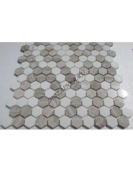 Hexagon White Grey каменная мозаика "Философия Мозаики"