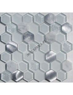Hexagon White Metal мозаика из стекла, камня и алюминия "Философия Мозаики"