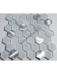 Hexagon White Metal мозаика из стекла, камня и алюминия "Философия Мозаики" 2