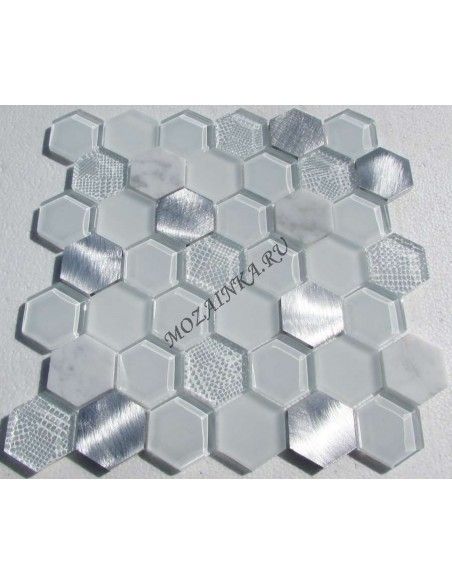 Hexagon White Metal мозаика из стекла, камня и алюминия "Философия Мозаики"