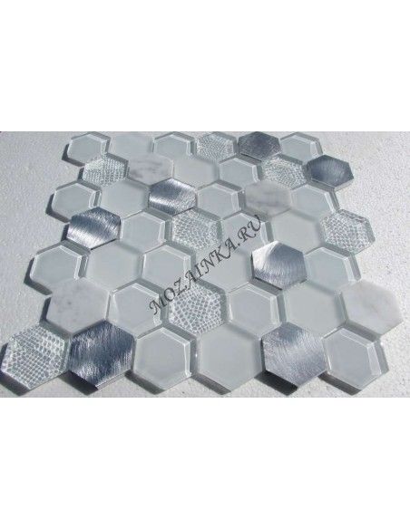 Hexagon White Metal мозаика из стекла, камня и алюминия "Философия Мозаики"